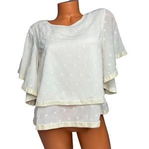 JOA Womens Off White Chiffon And Velvet Tiered Swiss Dot Flower Blouse